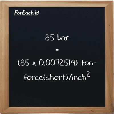 How to convert bar to ton-force(short)/inch<sup>2</sup>: 85 bar (bar) is equivalent to 85 times 0.0072519 ton-force(short)/inch<sup>2</sup> (tf/in<sup>2</sup>)